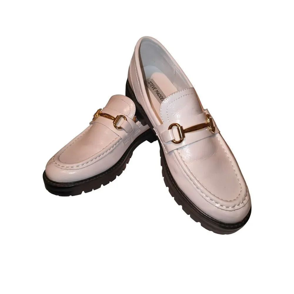 Steve Madden Women's Mistor Loafers white leather Size 9 Gold-tone horse bit har
